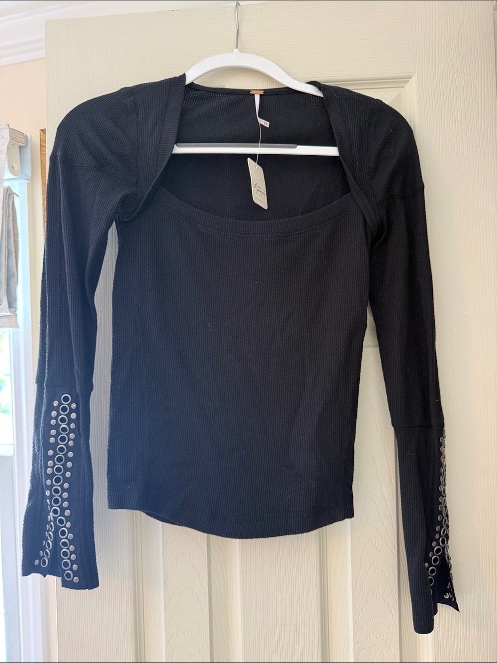 Free People Black Long-Sleeve Square Neck Top with Grommet Sleeve Detail